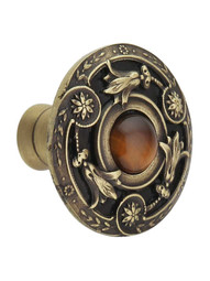 Jeweled Lily Cabinet Knob Inset with Tiger Eye - 1 1/4 inch Diameter in Antique Brass.